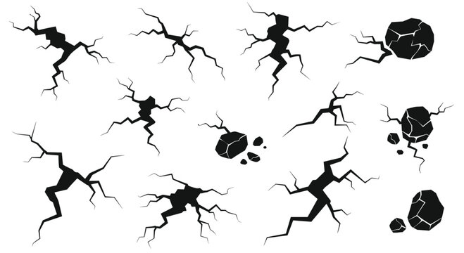 Black silhouette fracture patterns are arranged alongside jagged stone debris pieces on a flat light grey backdrop for graphic design and texture application purposes.
