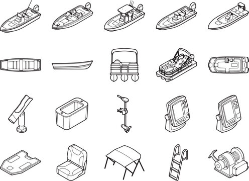 Detailed line drawing illustrations of various boats and marine accessories are arranged methodically, ideal for marine and nautical themes, suitable for designs. 