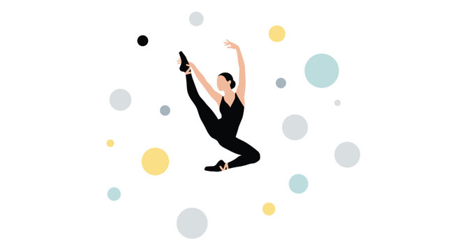 A graceful female ballet dancer performs a vertical leg split pose surrounded by abstract geometric circles against a clean white background in a minimalist flat vector style.