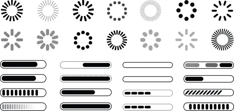 Loading Icons Set, Progress Bar and Buffer Loader Symbols, Preloader and Loading Bar Vector Illustration for Download, Upload, Data Transfer, and UI Interface Design