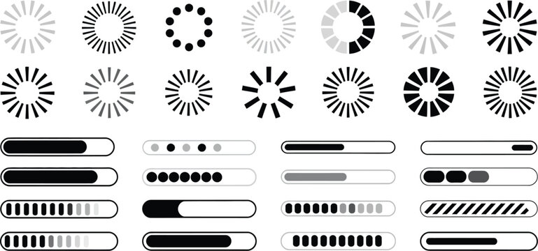 Loading Icons Set, Progress Bar and Buffer Loader Symbols, Preloader and Loading Bar Vector Illustration for Download, Upload, Data Transfer, and UI Interface Design