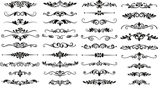 Elegant set of vintage calligraphic design elements featuring floral ornamental frames, victorian borders, and decorative vector scrolls for wedding flourishes or retro page dividers