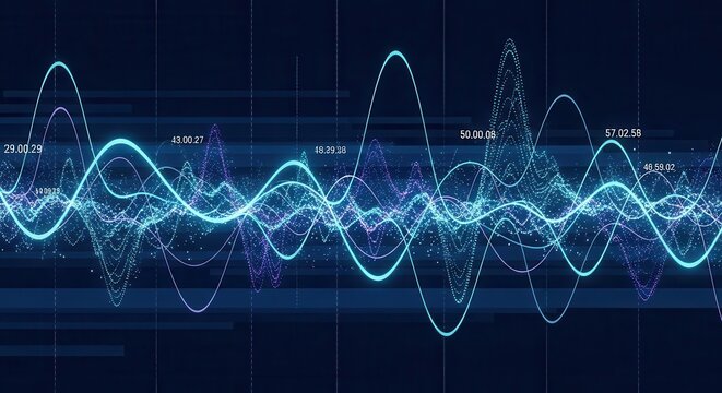 Digital sound waves pulse across a dark blue background with numerical data indicators.