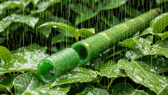 A green pipe sticks out of the ground on a rainy day