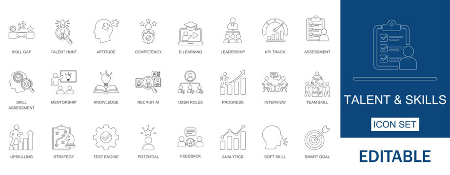 Talent and skills management icons. Includes skill gap analysis, recruitment AI, competency mapping, and employee leadership training. Professional assets for HR-tech and LMS apps.