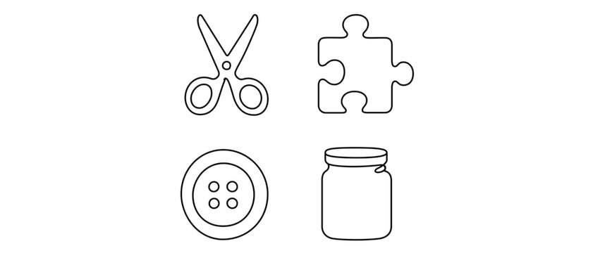Professional occupational therapy vector icon set collection of 4 minimalist line icons featuring scissors, jigsaw puzzle piece, sewing button, and glass jar for medical rehab and health care.