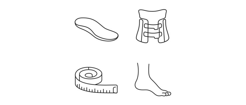 Medical orthotics and orthopedic therapy vector icon set collection of 4 icons featuring a shoe insert, spinal back brace, measuring tape, and human foot for healthcare and rehabilitation.