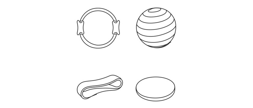 Vector icon set collection of 4 minimalist line art icons for Pilates and fitness featuring a magic circle ring, striped exercise stability ball, resistance loop band, and a workout slider disc.