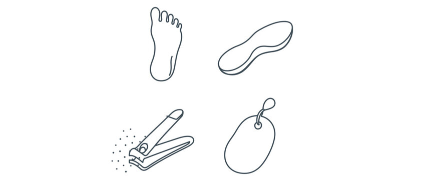 Vector icon set collection of 4 icons for podiatry and foot care featuring a human foot sole, orthotic shoe insert, professional nail clippers, and a pumice stone for skin exfoliation and health.