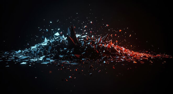 Dark digital landscape shattered into sharp, energetic geometric pieces, symbolizing data overload, systemic breakdown, complexity, and chaotic structure, connection, data, dimensional