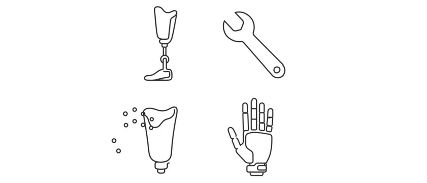 Professional vector icon set collection of 4 minimalist line art icons for medical prosthetics and orthopedic rehabilitation, featuring a prosthetic leg, mechanical hand, socket, and a wrench tool.