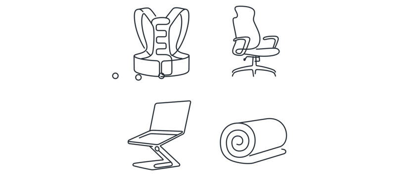 Minimalist vector icon set collection of 4 icons including posture correction back brace, ergonomic office chair, laptop stand, and rolled towel for spinal health and back pain relief.