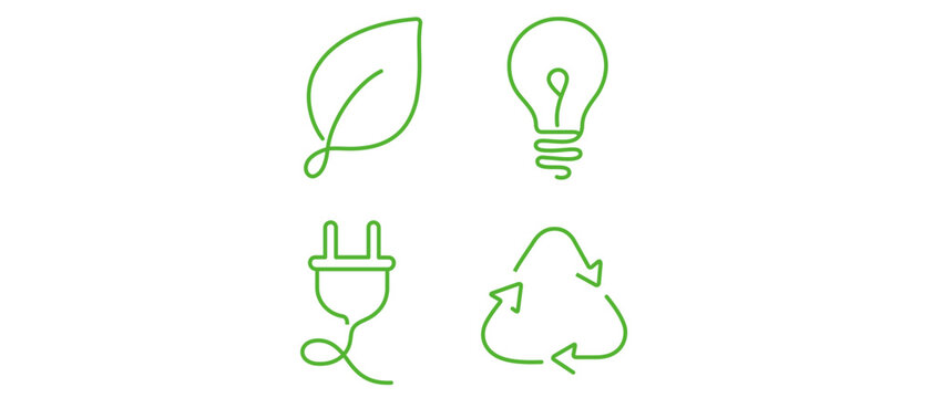 Green Eco-Friendly Sustainability Vector Icon Set Collection of 4 Minimalist Line Icons Featuring a Leaf, Energy-Efficient Lightbulb, Electric Power Plug, and Universal Recycling Symbol Arrows.