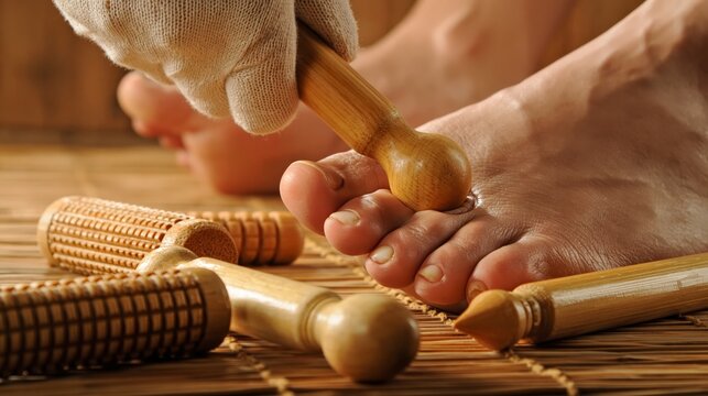 A foot reflexology wooden stick point massage.