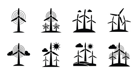 Wind turbine silhouettes with trees vector illustration on white background © Begum