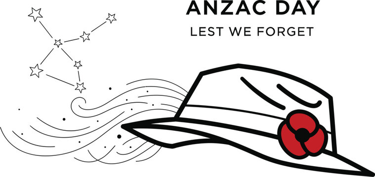 Anzac day illustration with military hat and poppy flower on white