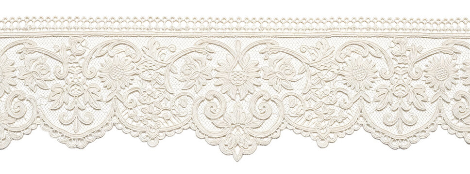 Decorative white lace trim with elegant floral motifs.