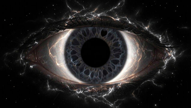 Close-up shot of an eye with lightning bolt emerging from the pupil, ideal for use in sci-fi or fantasy illustrations