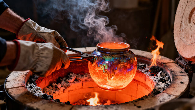 Glassblowing furnace with glowing pot: A glassblower carefully removes a glowing, colorful pot from a fiery furnace, revealing the intricate artistry of molten glass.