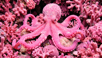 Obraz premium A pink octopus sits atop a colorful bed of coral, perfect for ocean-themed illustrations or designs