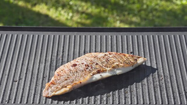 outdoor cooking. cook preparing fresh sea bream fish fillet with spices on hot grill pan for making delicious meal in garden, food closeup, outdoors natural light