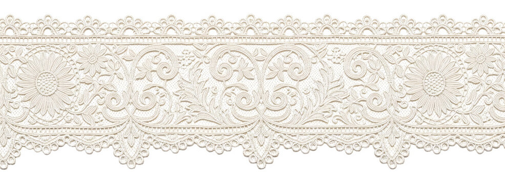 Elegant beige lace border with floral and scroll patterns.