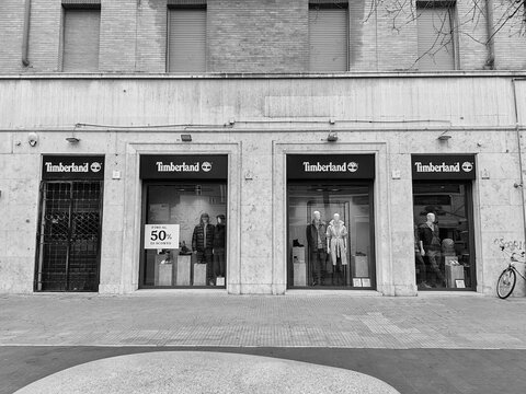 Rome, Italy - March 25, 2026, view of the windows of the Timberland Company store, an American clothing company specializing in the production of footwear.
