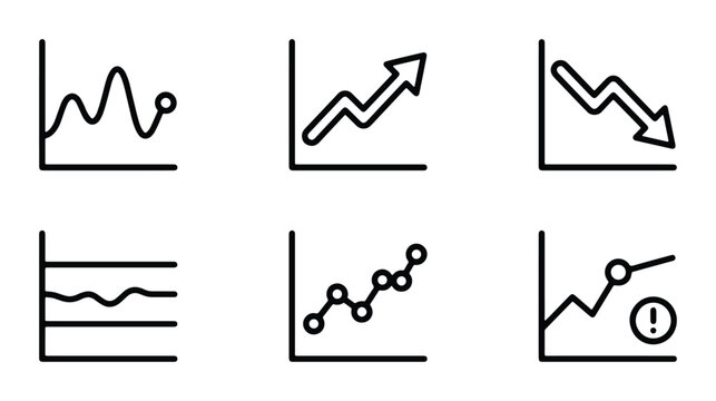 Minimalist business graph icon set, 6 financial data chart vector elements, black line analytics symbols for corporate reports and dashboard design