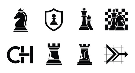 Chess pieces icons set black silhouettes on white background © Begum