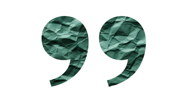 Green crumpled paper quotation marks symbol isolated on transparent.