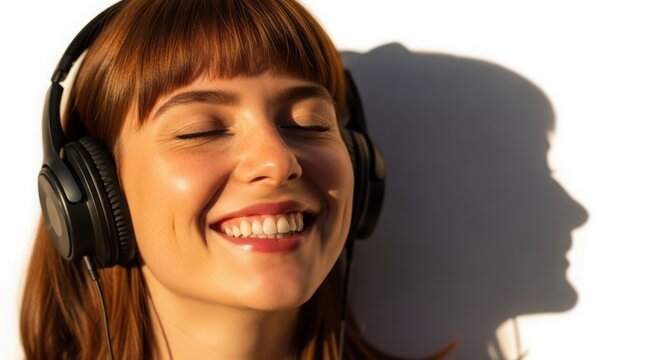 Woman wearing headphones and smiling with eyes closed on white background