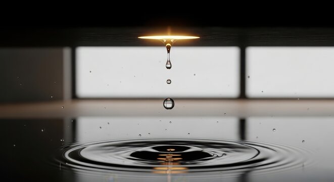 A single water drop falling into a pool of water creating ripples