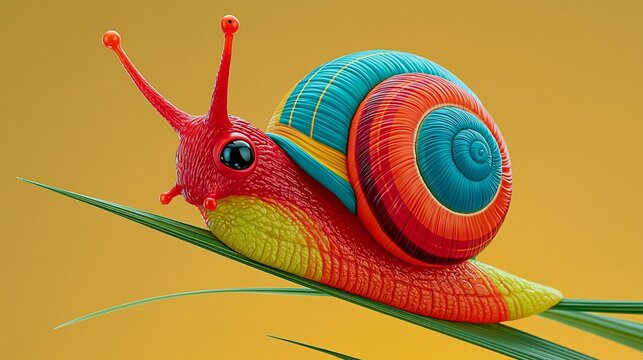 Colorful snail with vibrant shell resting on green grass blade against a bright yellow background, showcasing intricate patterns and textures in a whimsical design