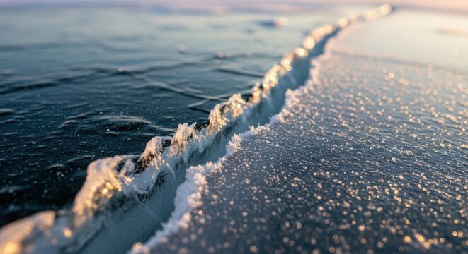 Close up of crack in frozen lake ice with frost crystals at sunset