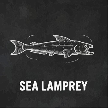 llustration of sea lamprey fish on dark background for educational purposes