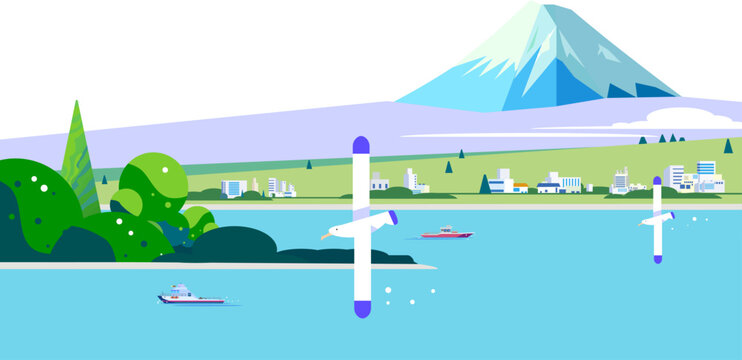 富士山と海を望む街並みのフラットデザインイラスト。クリーンパスで編集可能なベクター背景素材（コピースペースあり）