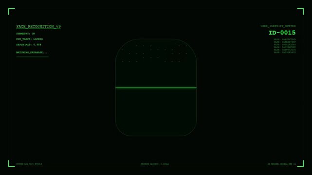 Futuristic Face Recognition HUD with Green Digital Biometric Scan Eye Tracking and User Identity Database Matching Monitoring Interface.