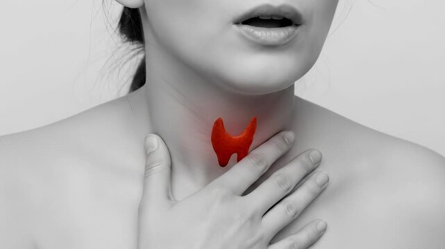 Young adult female, experiencing thyroid gland disease, manifesting as neck pain and discomfort, an important endocrine system disorder, promoting health awareness
