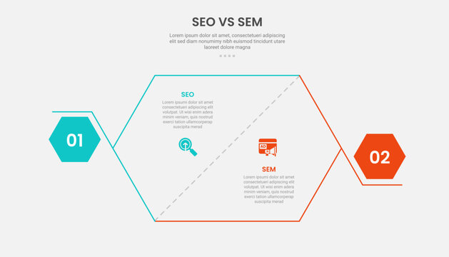 SEO vs SEM infographic outline style with 2 point comparison template with hexagon slice and bold shape at edge for slide presentation