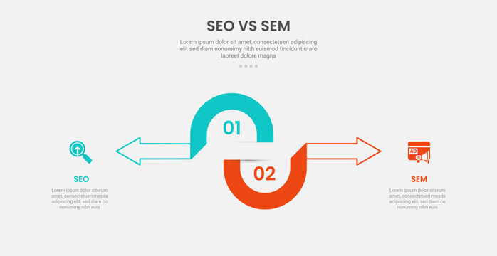 SEO vs SEM infographic outline style with 2 point comparison template with half circle and arrow opposite direction for slide presentation