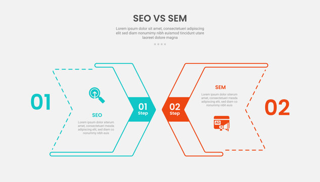 SEO vs SEM infographic outline style with 2 point comparison template with arrow box with layering style design for slide presentation
