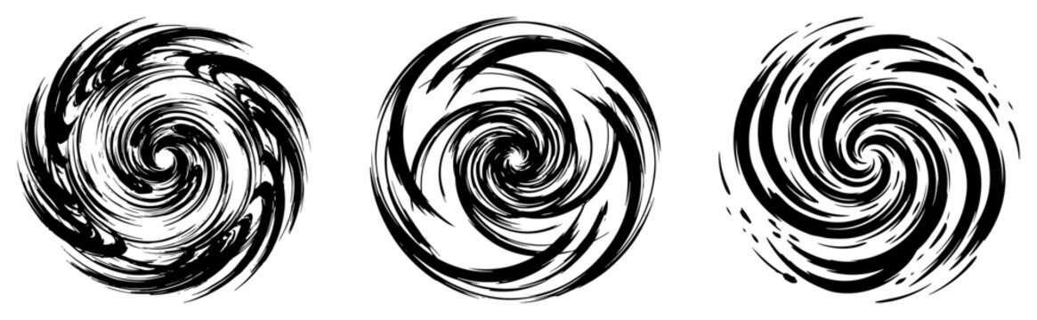 Swirling circular vortex shapes with brush stroke texture in monochrome grunge style