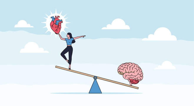 Woman standing on a seesaw in the clouds balancing a glowing heart and a human brain to represent emotional and rational equilibrium.