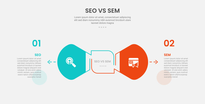 SEO vs SEM infographic outline style with 2 point comparison template with creative round arrow opposite direction for slide presentation