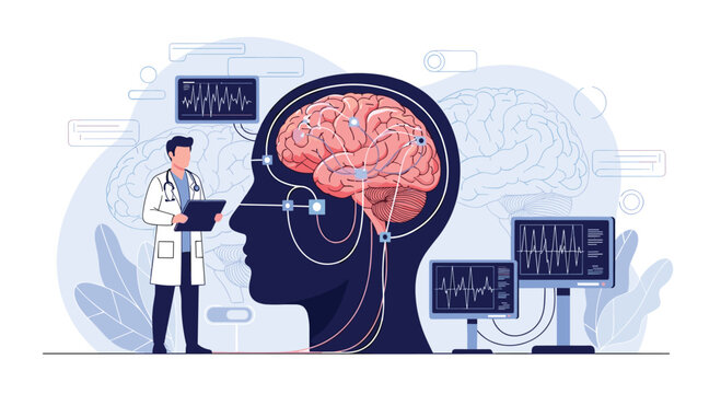 Medical specialist analyzing brain function and neural pathways on a large human head silhouette with digital data monitors in the background.