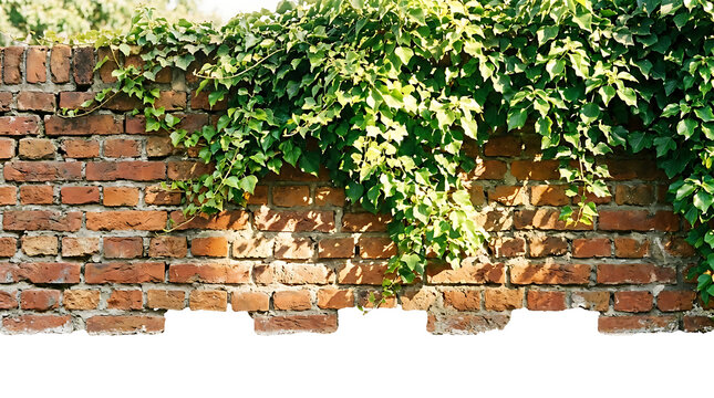 Old brick wall with green ivy leaves hanging over the top edge