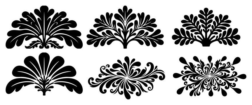 Classical floral ornament elements with acanthus leaf motifs in monochrome baroque style