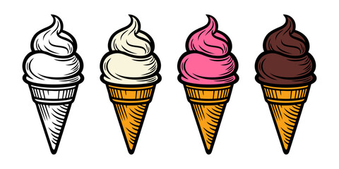 Logo ice cream. Dibujo estilo vintage con líneas de versiones de conos de waffle con bolas de helado en sabores vainilla, fresa y chocolate © teracreonte