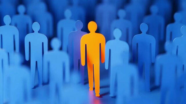 Tracking shot with dolly and zoom of orange figure walking forward through crowd of blue silhouettes on reflective studio floor