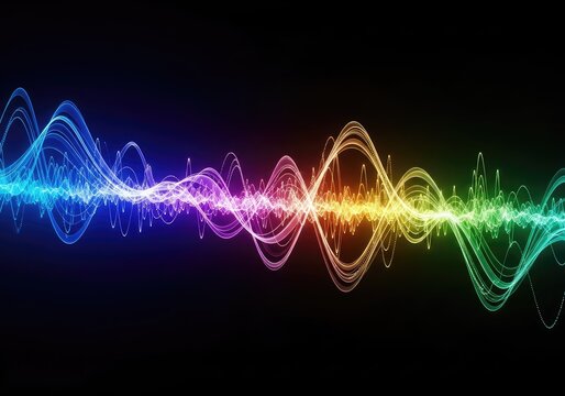 Vibrant abstract digital visualization illustrating the flow of sound or data energy across a dark background, showing modulation and frequency, movement, signal, gradient
